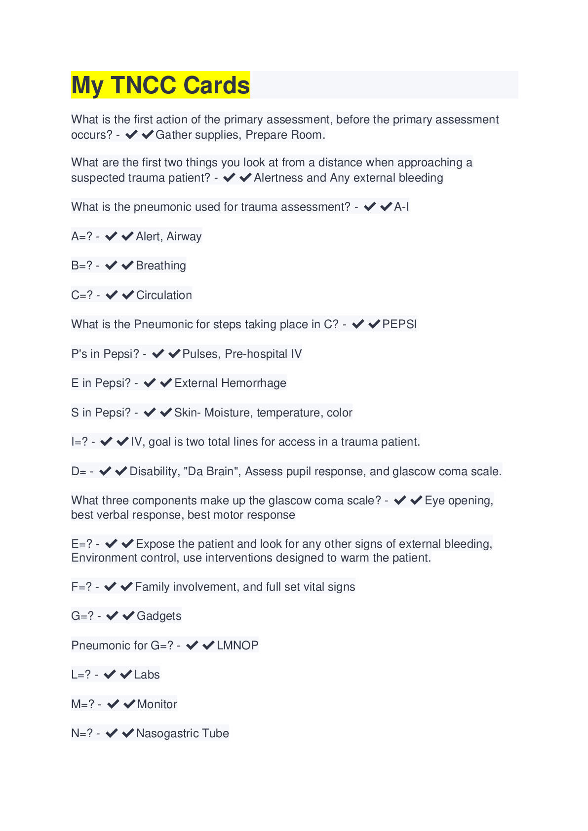 Preview image of My TNCC Cards | all answers are 100% correct document